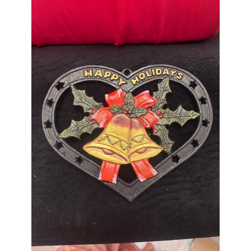Vintage Cast Iron Christmas Heart Trivet Wall Hanging Happy Holidays Bells Holly